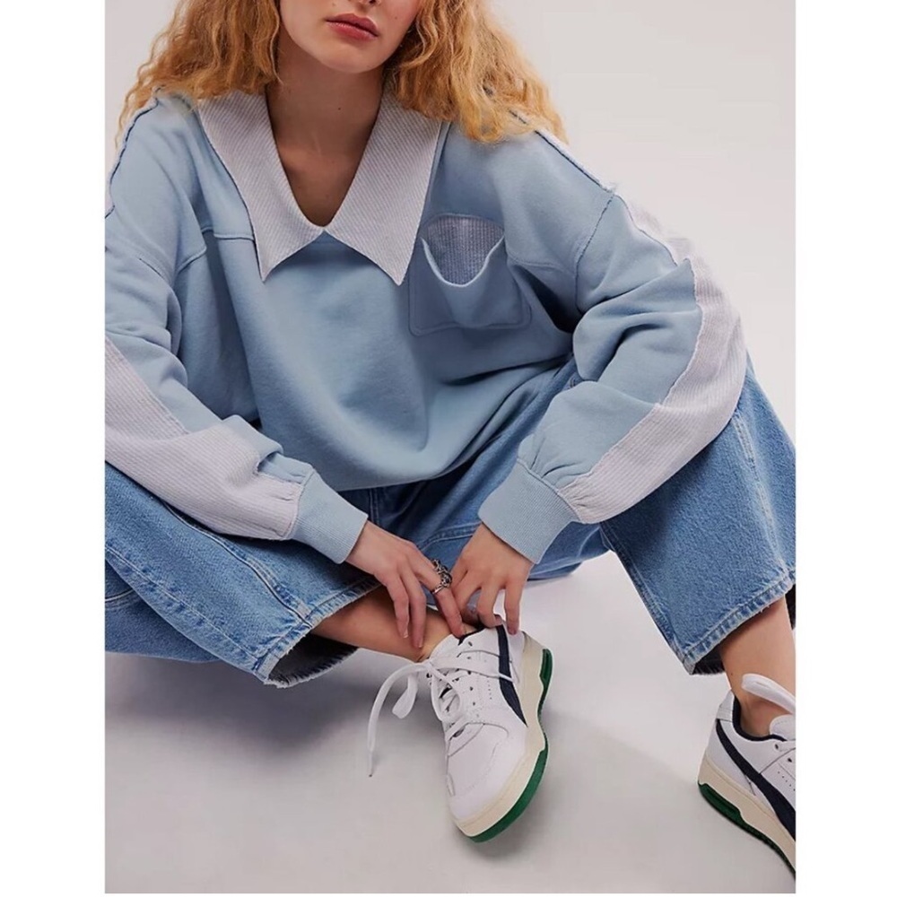 NWT Free People Madeleine Polo Sweatshirt Med Winter Sky Blue $148 Retail Cotton - Picture 9 of 11
